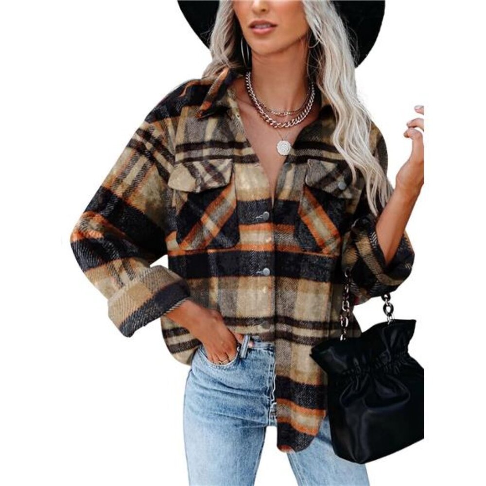 Women Fall Long Sleeve Top Button Down Casual‎ Plaid Flannel Checkered Shirts